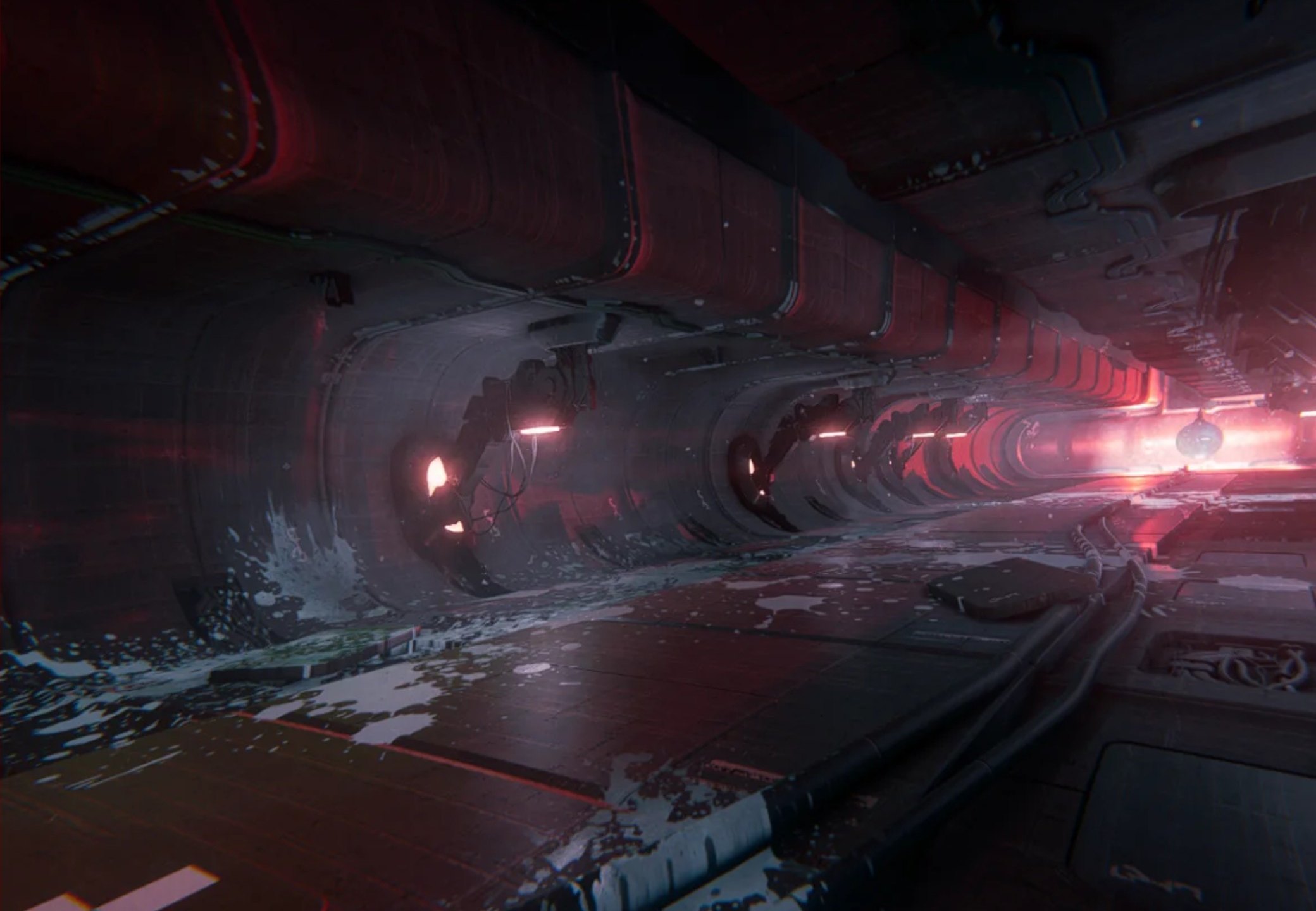 DEFECTOR render: a dark industrial corridor lit red at the far end